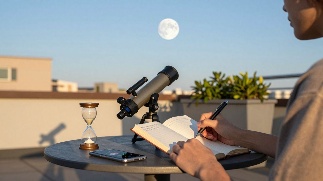 Pessoa a escrever num caderno numa mesa com telescópio, ampulheta e telemóvel ao luar num terraço.