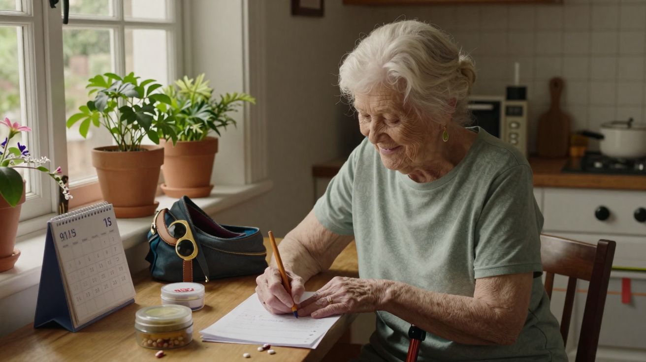 Idosa sorridente a escrever à secretária numa cozinha iluminada por uma janela com plantas.
