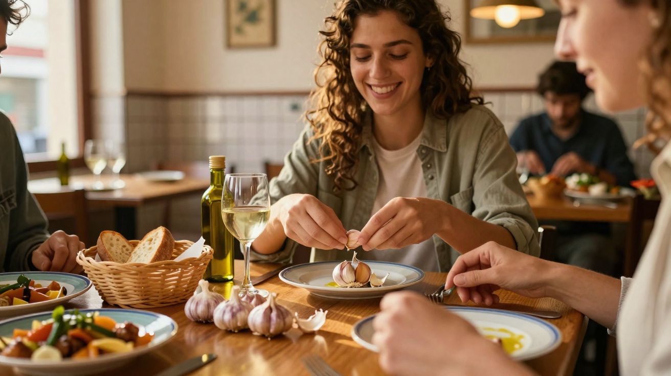 Grupo de amigos a preparar e desfrutar de uma refeição com alho, pão e vinho numa mesa de madeira.