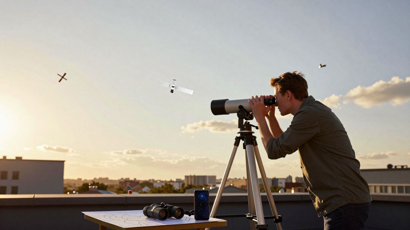 Homem observa o céu ao pôr do sol com telescópio numa varanda urbana, com binóculos na mesa.
