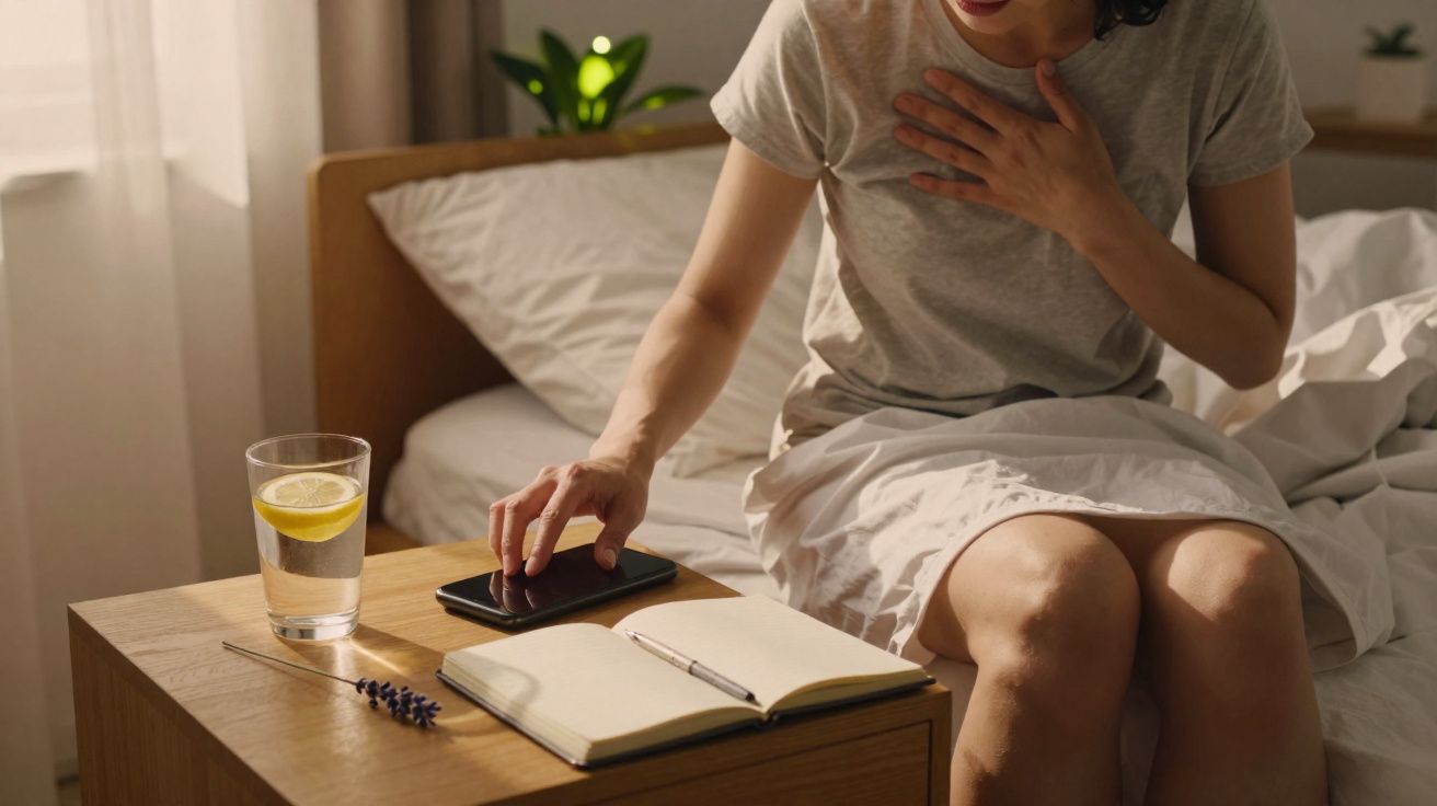 Pessoa sentada na cama com a mão no peito, a tocar num telemóvel sobre uma mesa com copo de água e caderno aberto.