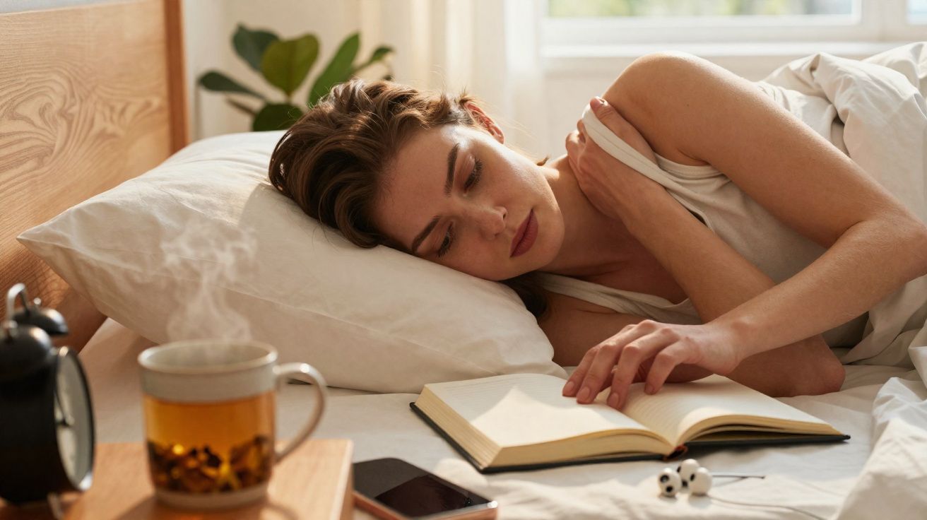 Mulher deitada na cama a ler um livro, com chá quente, telefone e despertador ao lado.