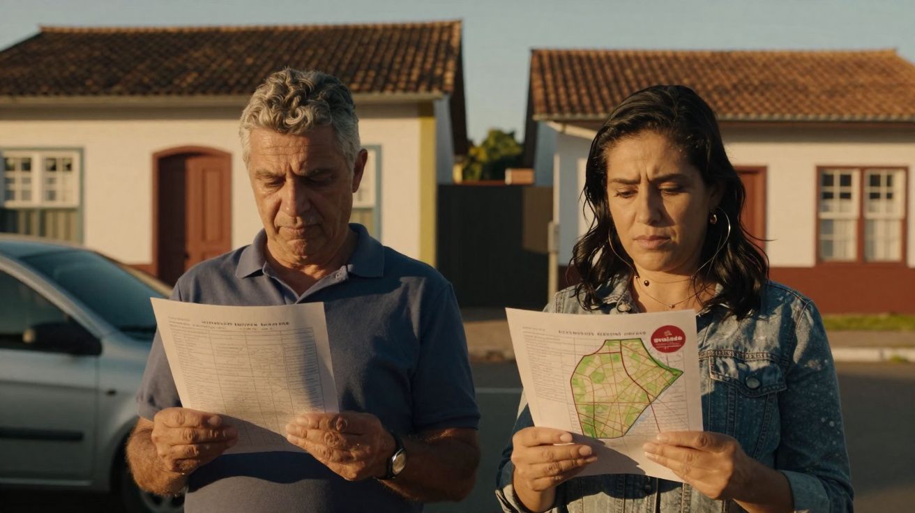 Homem e mulher a ler documentos com mapa e tabela, em rua com casas ao fundo.