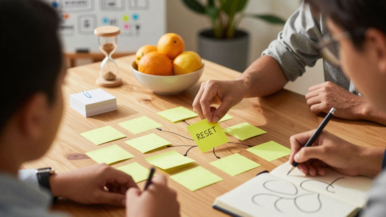 Duas pessoas planeiam em torno de nota amarela com a palavra "RESET", rodeadas de notas e uma tigela de frutas na mesa.