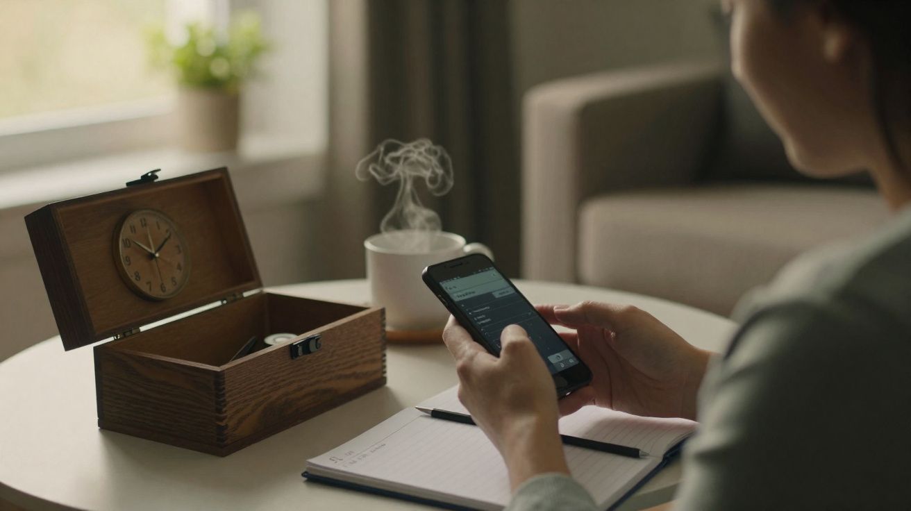 Pessoa a usar telemóvel na mesa com agenda aberta, caixa de madeira com relógio e chá quente a fumegar.