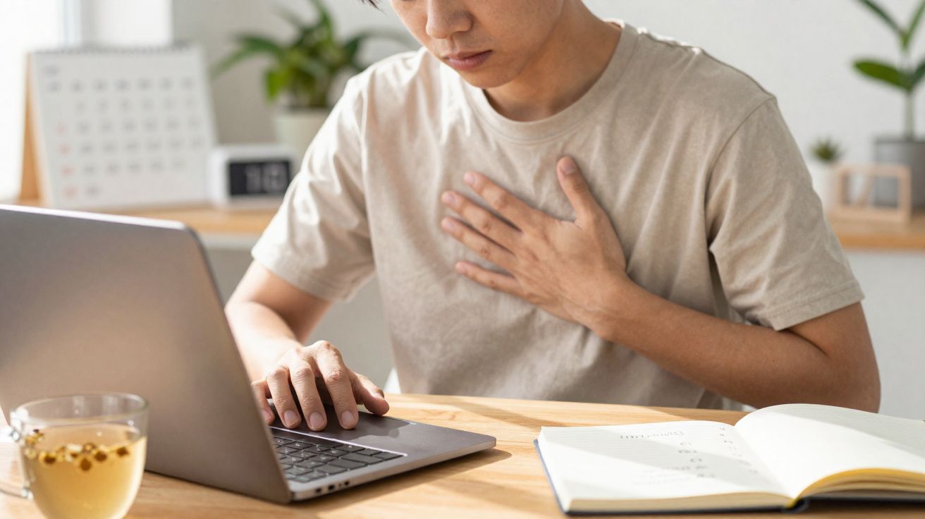 Homem a trabalhar no portátil segurando o peito, aparentando desconforto ou dor, com chá e caderno na mesa.