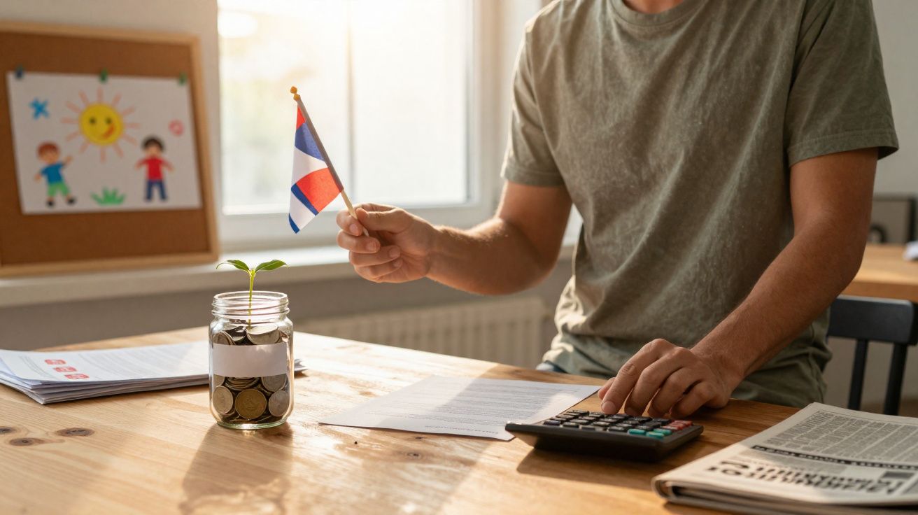 Pessoa segurando bandeira ao lado de jarro com moedas e planta, usando calculadora numa mesa com documentos.