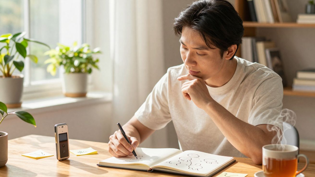 Jovem a escrever num caderno numa mesa de madeira com chá, plantas e gravador próximos, luz natural.