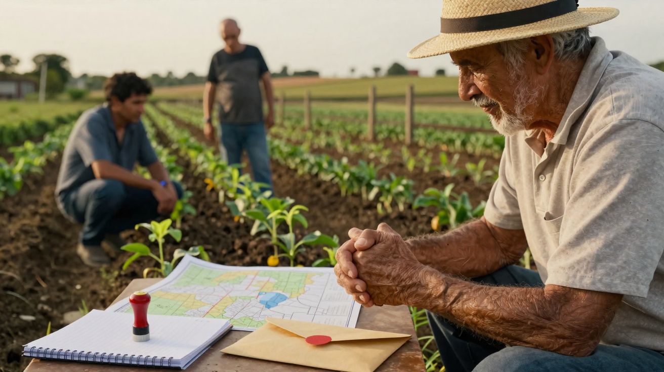 Homem idoso com chapéu observa plantações enquanto outros dois homens discutem no campo ao fundo.