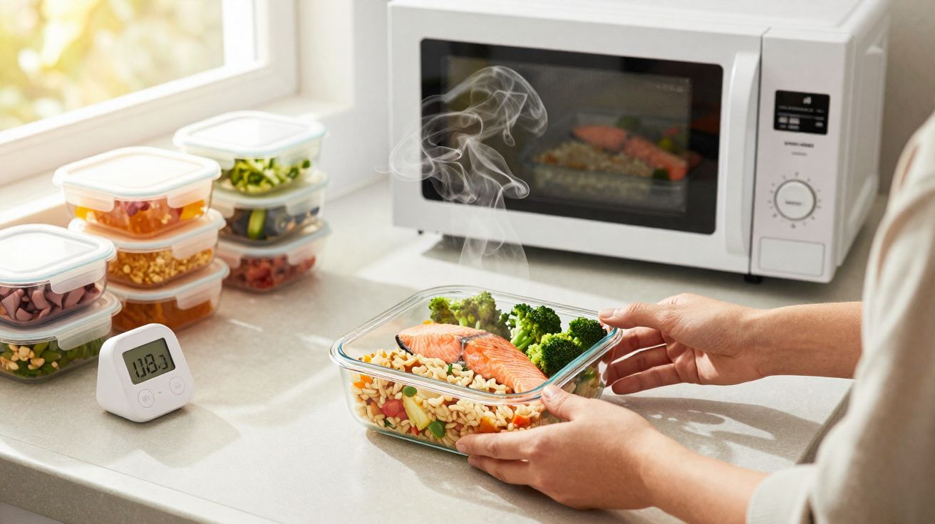 Pessoa a retirar prato com salmão, brócolos e arroz de micro-ondas numa cozinha iluminada.