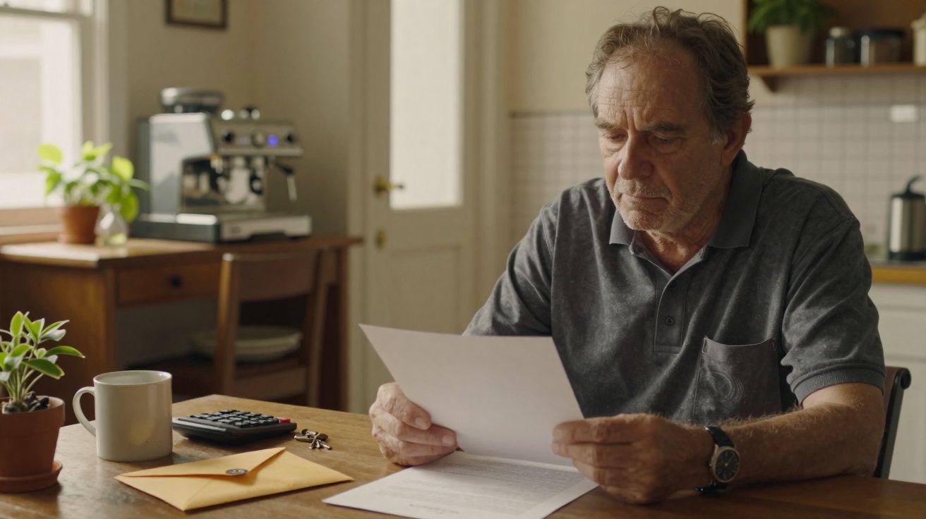 Homem idoso sentado à mesa a ler documentos numa cozinha iluminada e decorada com plantas.