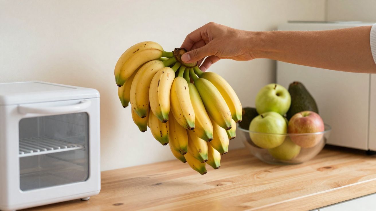 Pessoa a segurar um cacho de bananas num balcão de cozinha com forno e taça de frutas ao fundo.