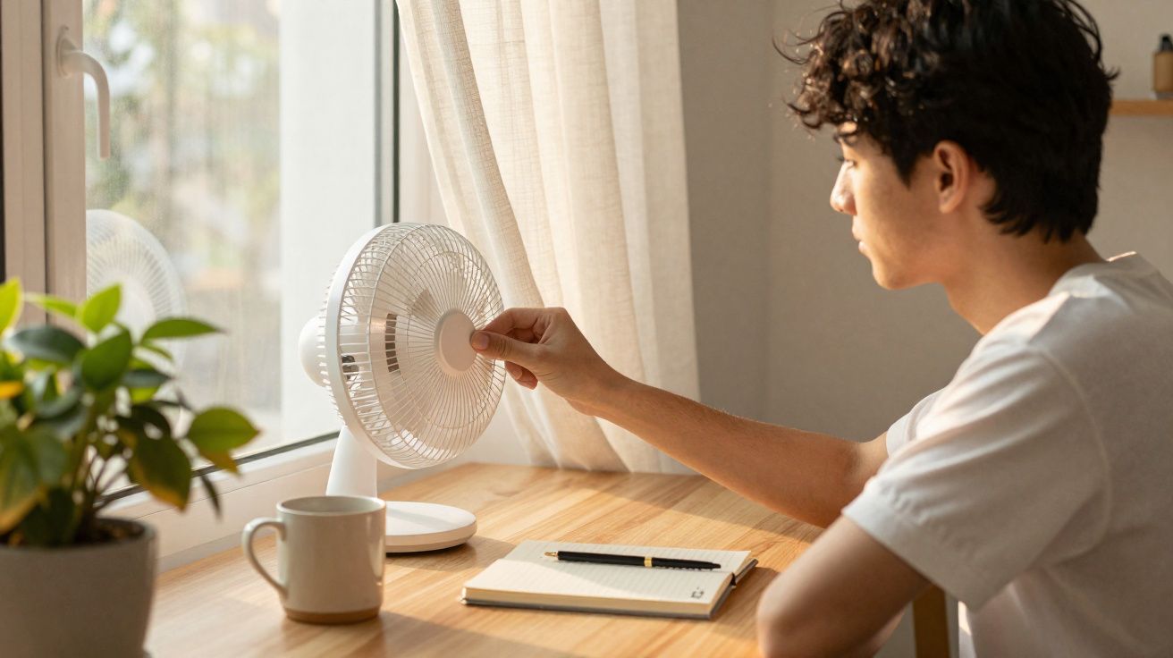 Homem ajusta ventilador de mesa numa área de trabalho com caderno, caneca e planta junto à janela.