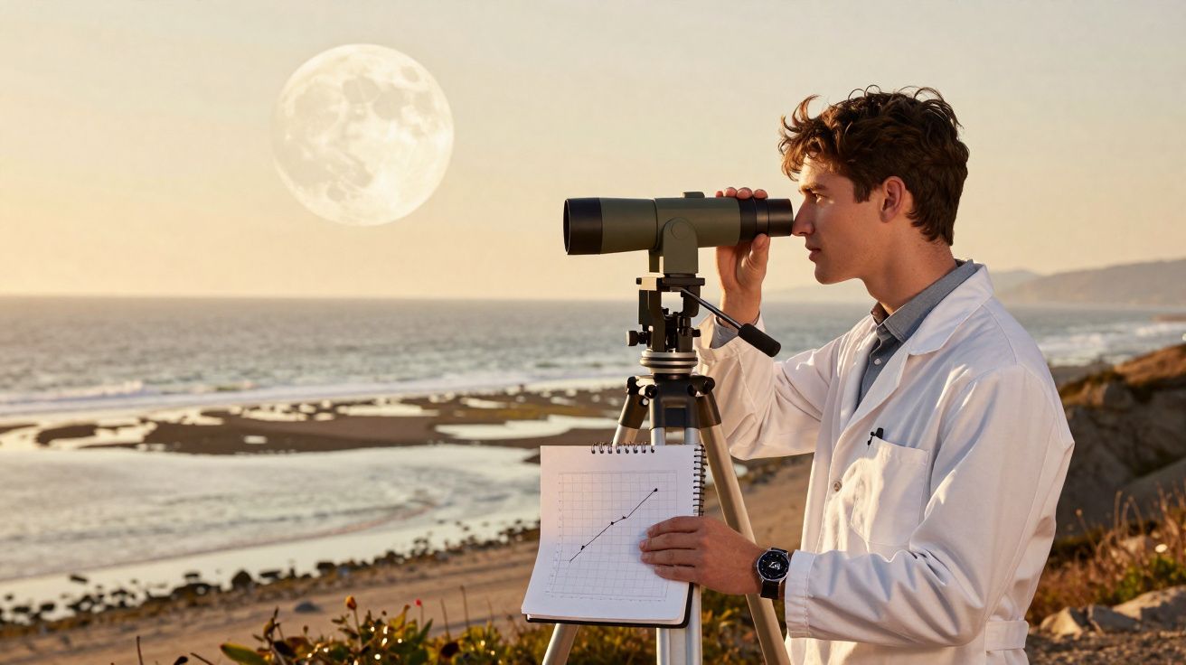 Jovem cientista observa a lua com telescópio numa praia ao pôr do sol, segurando um gráfico.
