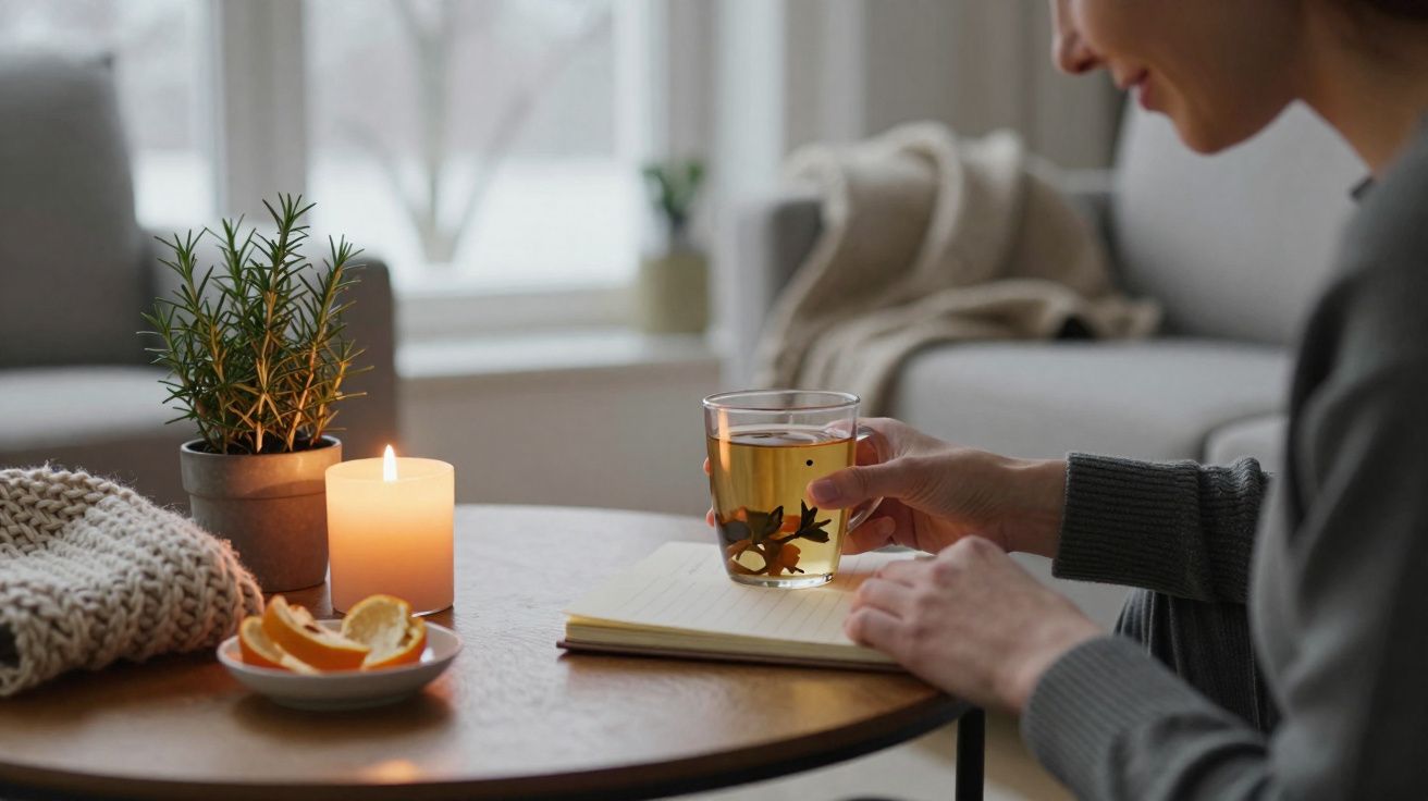 Pessoa a segurar chá quente numa mão, sentada à mesa com vela acesa e caderno aberto.