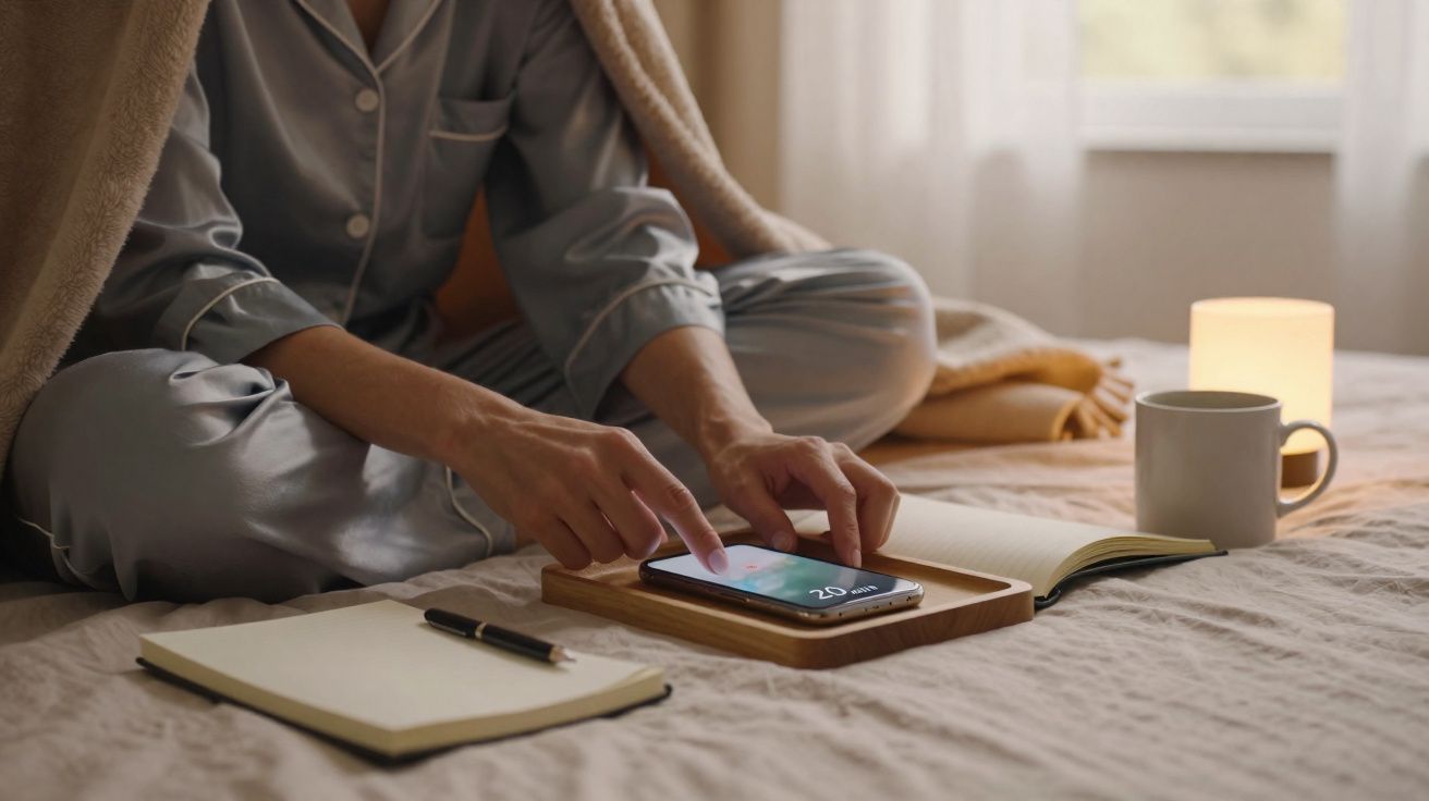 Pessoa em pijama cinzento sentada na cama, a usar telemóvel, com caderno, caneta e chá ao lado.