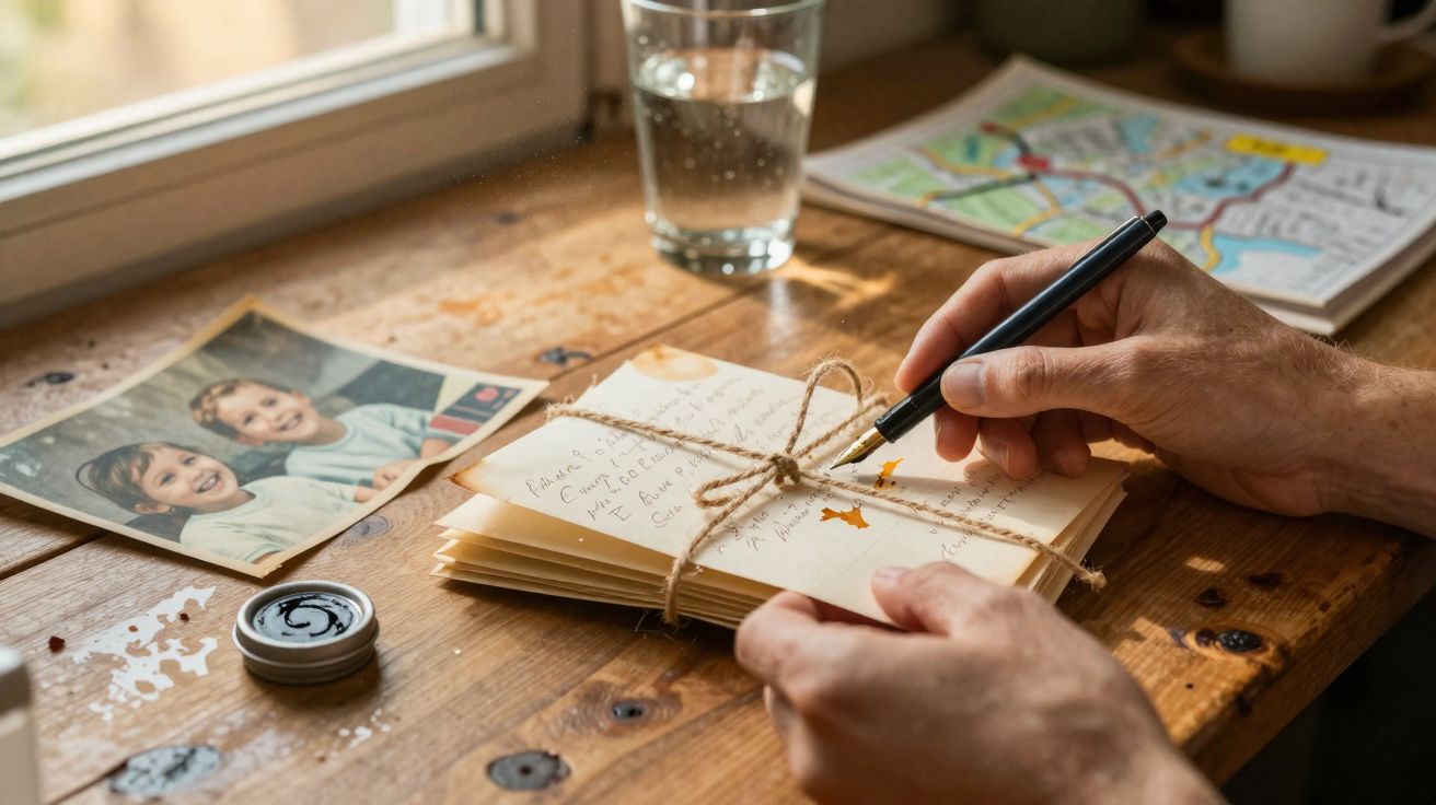 Mãos a escrever numa carta antiga amarrada com cordão, foto de crianças e copo de água numa mesa de madeira.