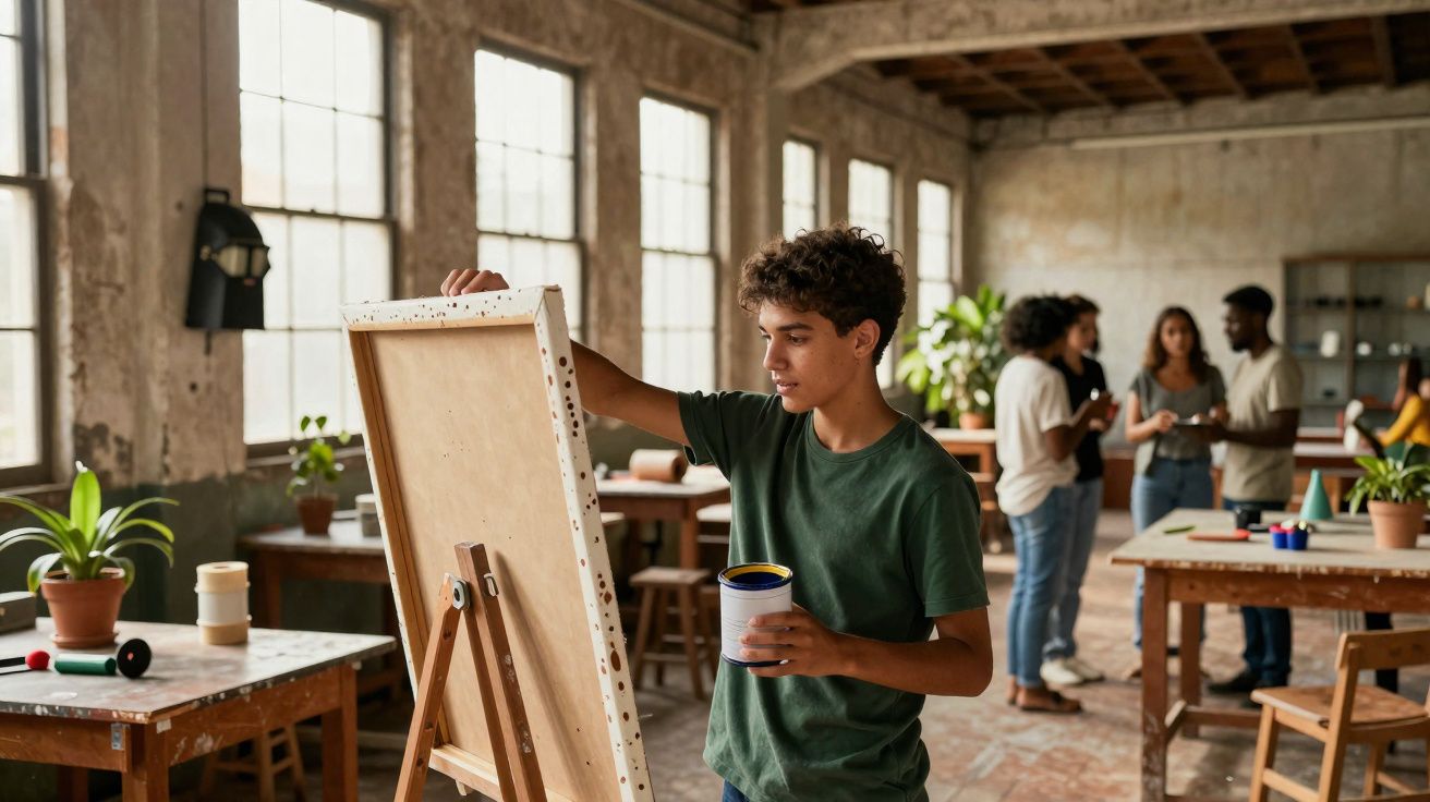Jovem a preparar uma tela para pintar numa sala ampla com outras pessoas ao fundo.
