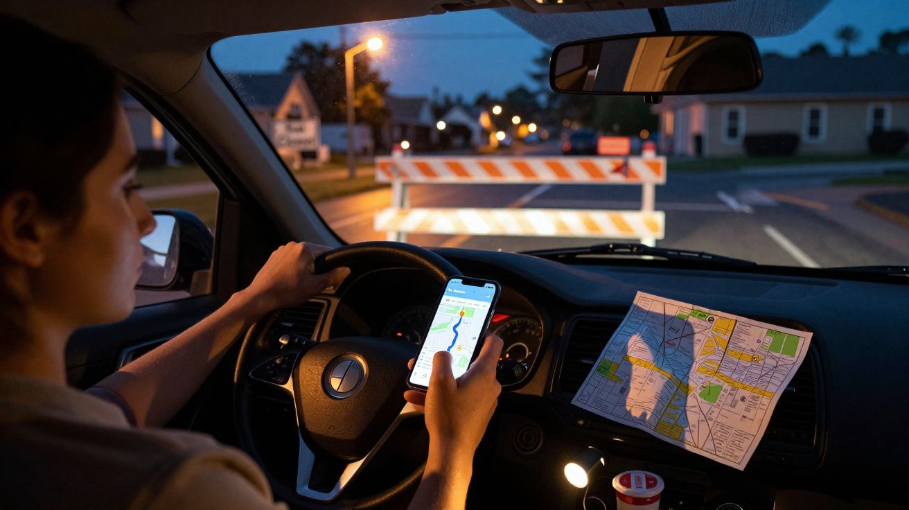 Condutora a usar GPS no telemóvel num carro parado diante de uma estrada bloqueada à noite.