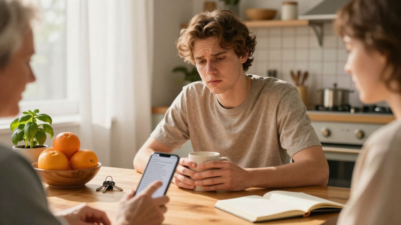 Jovem sentado à mesa com expressão preocupada enquanto segura uma chávena, à sua volta duas pessoas presentes.