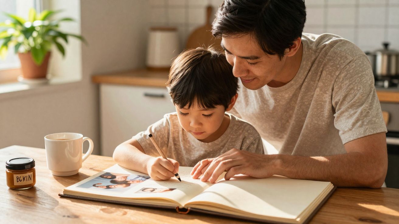 Pai e filho a ver um álbum de fotografias e a desenhar juntos numa mesa de madeira numa cozinha iluminada.