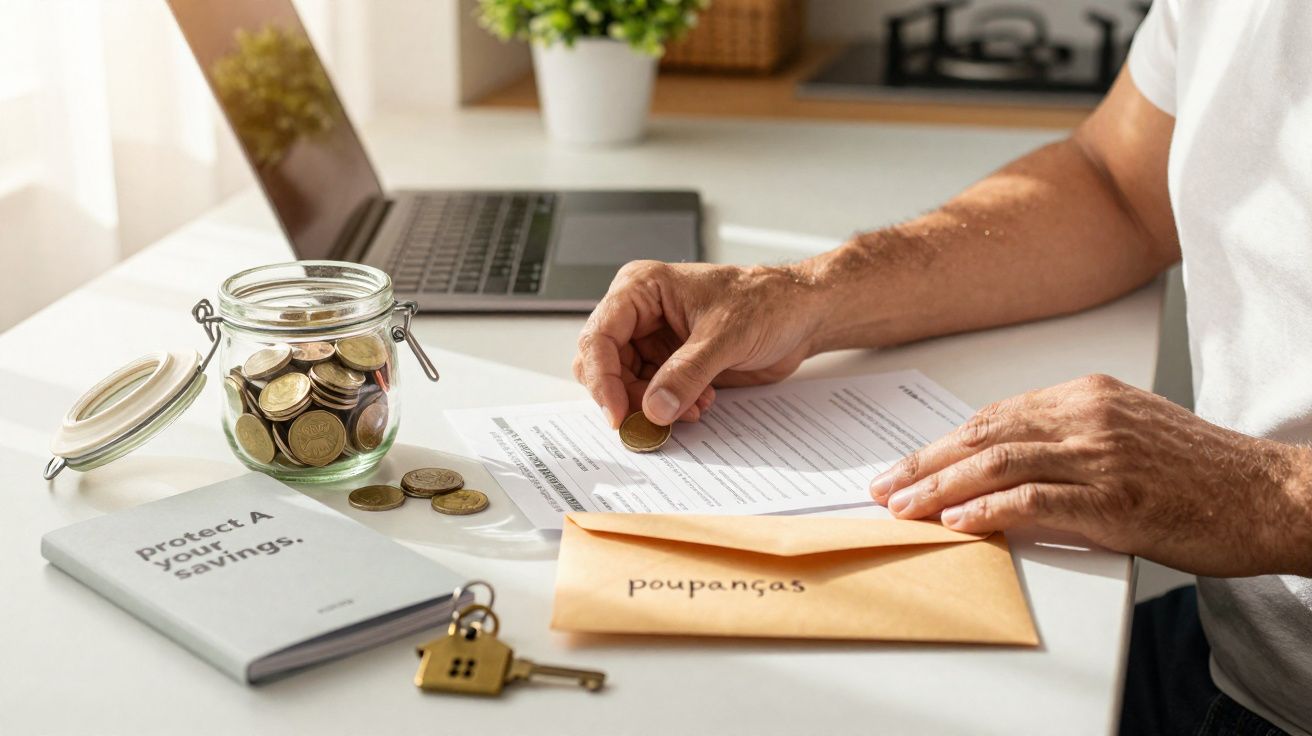 Pessoa a organizar moedas sobre um documento, com um mealheiro, envelope de poupanças e laptop numa secretária.