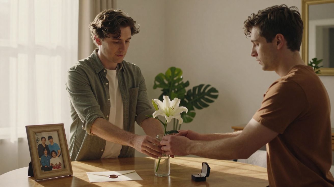 Dois homens a colocar lírios brancos num jarro numa mesa com foto de família, envelope e caixa de anel.