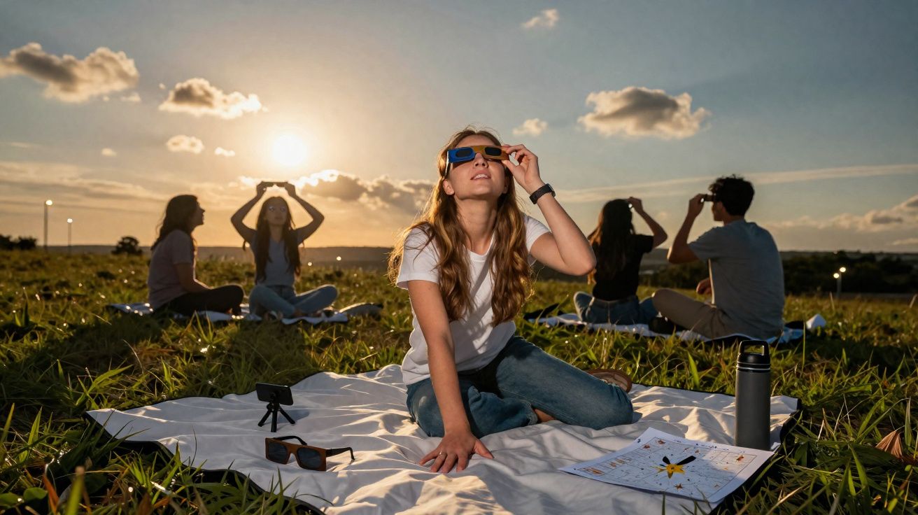 Grupo de jovens sentados no campo com óculos solares observando o céu ao pôr do sol.