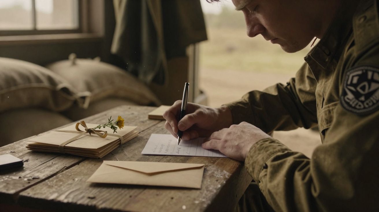 Homem com uniforme militar sentado numa mesa rústica a escrever uma carta com envelopes e flores secas ao lado.