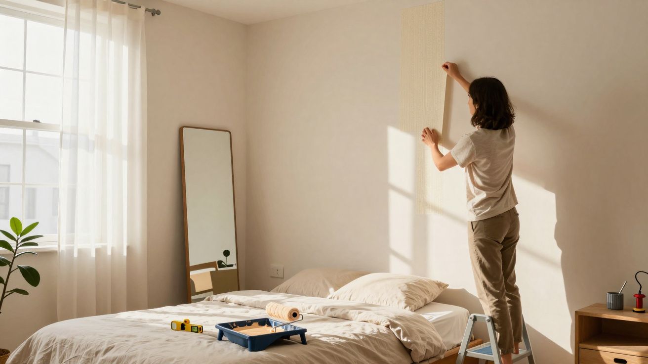 Mulher a aplicar papel de parede numa parede branca numa sala iluminada, com cama e espelho junto à janela.