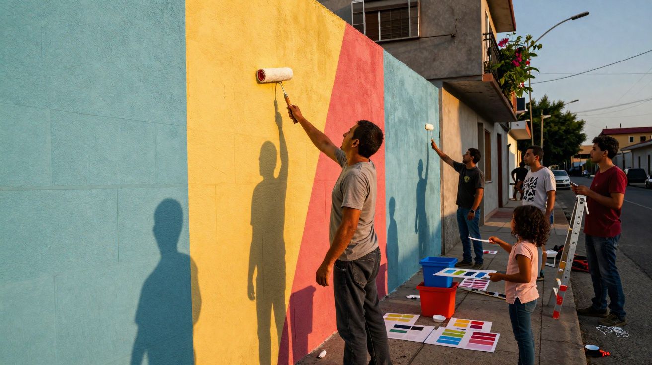 Grupo de pessoas pinta mural colorido numa parede exterior com rolos de pintura ao entardecer.
