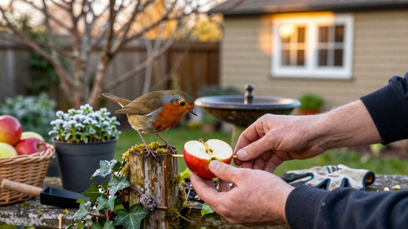 Pássaro com peito laranja empoleirado em tronco enquanto pessoa oferece metade de maçã no jardim.