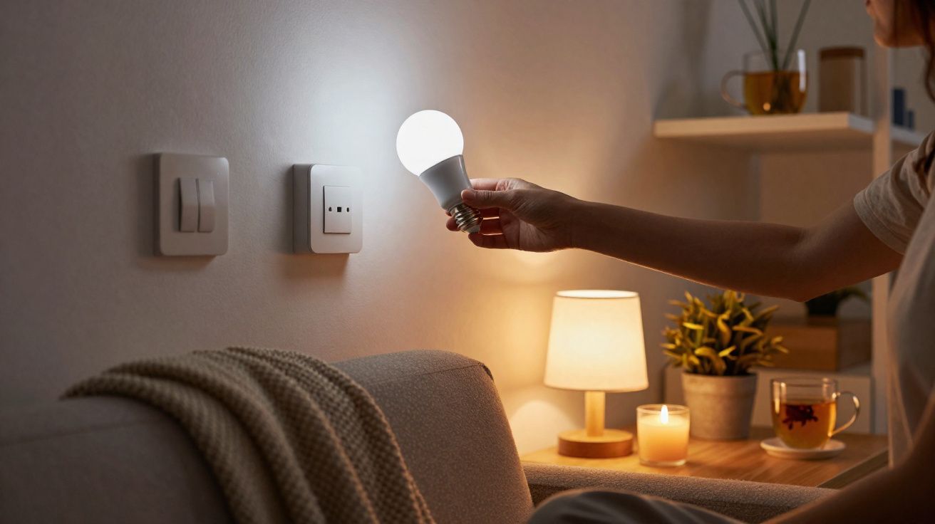 Pessoa a colocar lâmpada LED numa parede atrás de sofá, com luz ambiente quente e chá numa mesa.