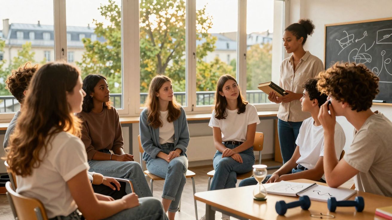 Grupo de jovens sentados em círculo numa sala, enquanto uma mulher fala segurando um livro.
