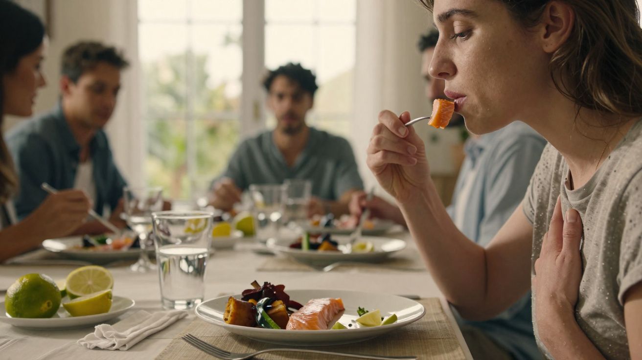 Pessoa a comer salmão num jantar com outras pessoas à mesa num ambiente luminoso e caseiro.