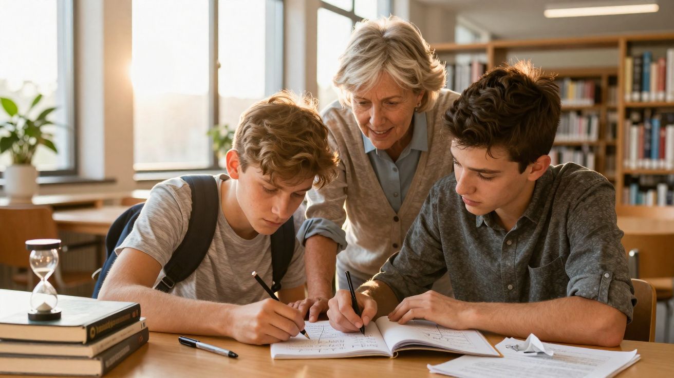 Professora a ajudar dois alunos concentrados a estudar e escrever numa biblioteca iluminada pelo sol.