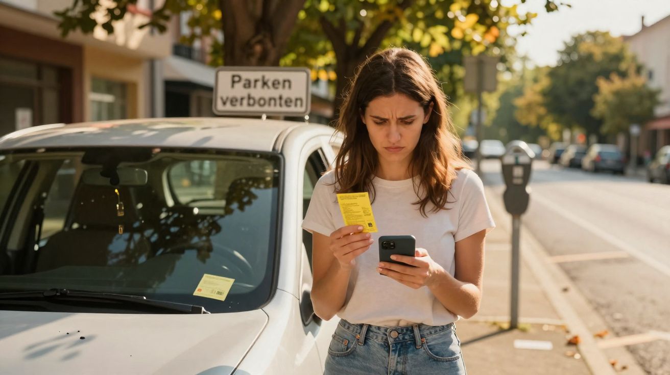 Mulher de expressão preocupada verifica telemóvel com multa de estacionamento na mão junto a carro estacionado.