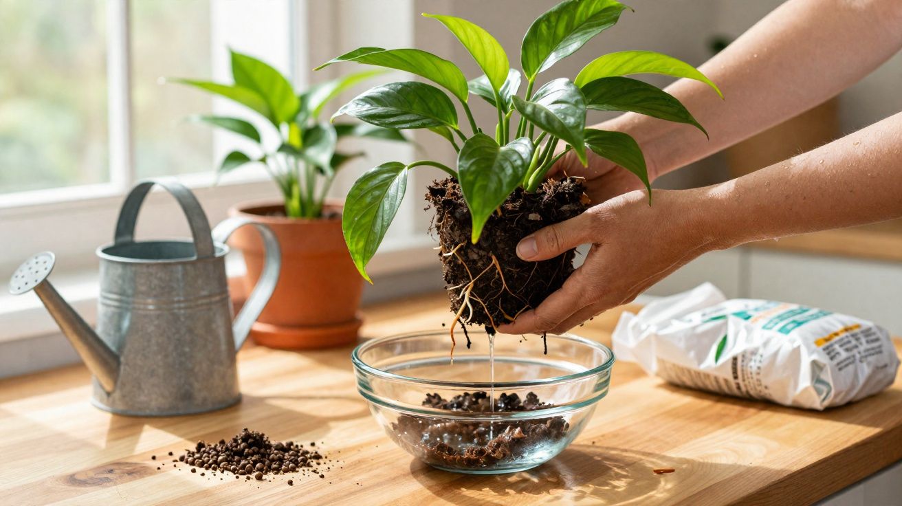 Mãos a lavar raízes de planta com terra numa tigela de vidro numa bancada de cozinha iluminada.