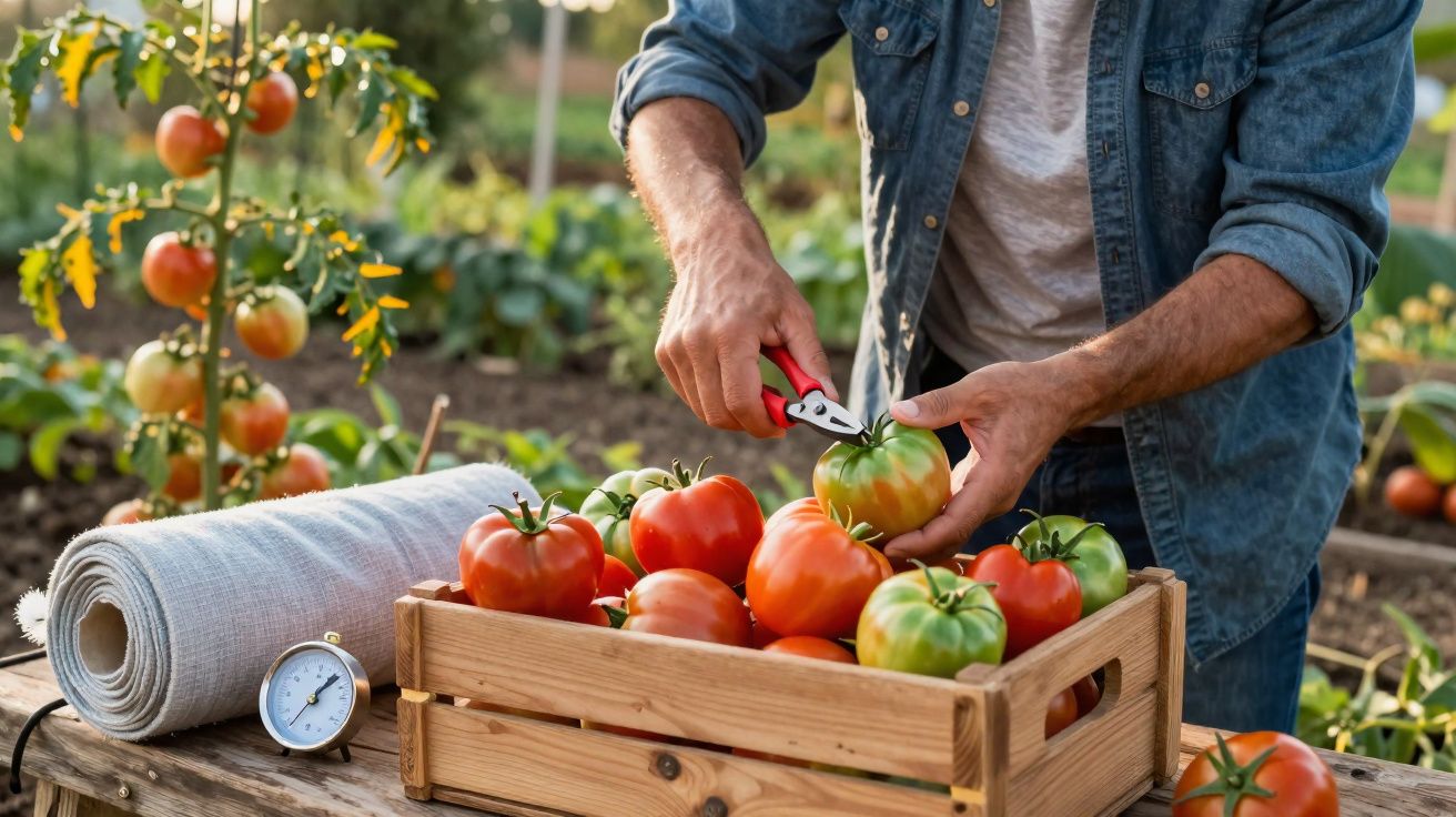 Pessoa a colher tomates maduros e verdes num jardim, com caixa de legumes e termómetro na mesa de madeira.