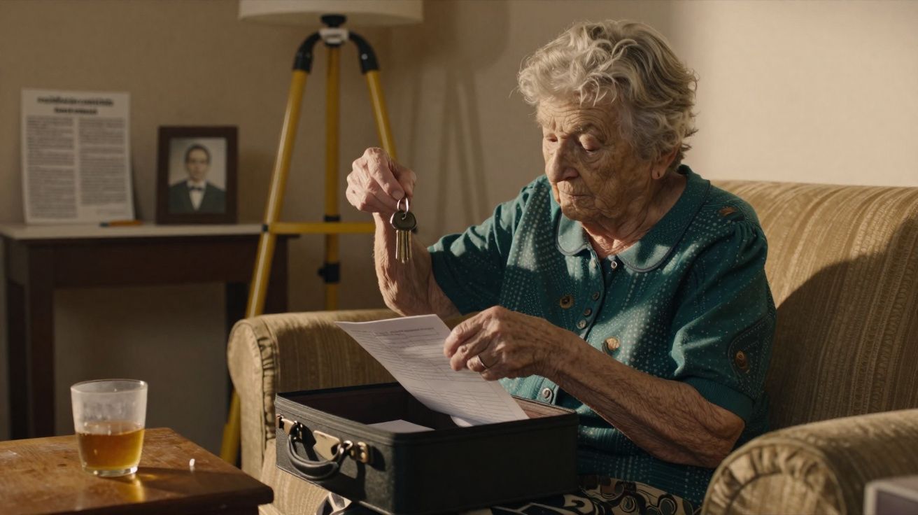 Senhora idosa sentada no sofá a mexer numa mala com documentos e a segurar um molho de chaves.