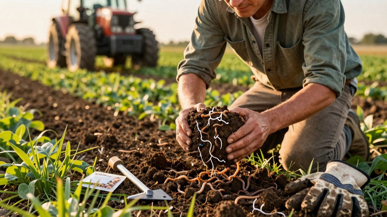 Agricultor examina terra com minhocas numa plantação, com tractor ao fundo ao pôr do sol.