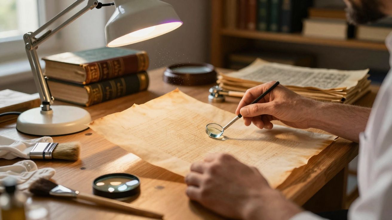 Pessoa a analisar documento antigo com lupa numa mesa de madeira com livros e lâmpada.