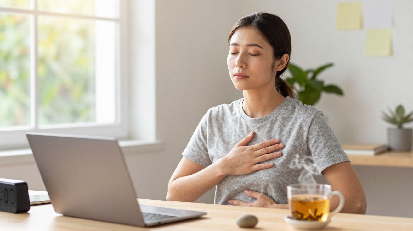 Mulher sentada a meditar com olhos fechados, mão no peito, à mesa com portátil e chá fumegante.