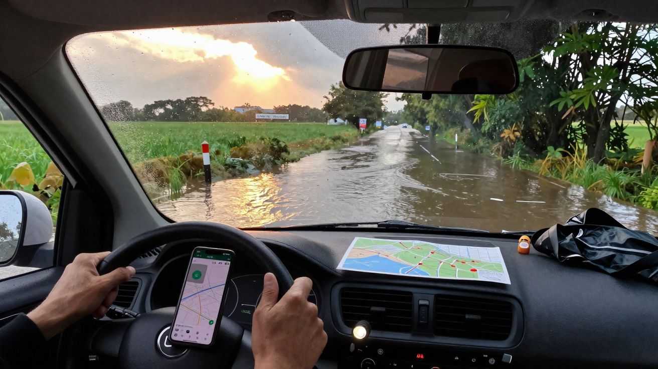 Vista interior de carro a conduzir por estrada inundada com mapa no tablier ao pôr do sol.