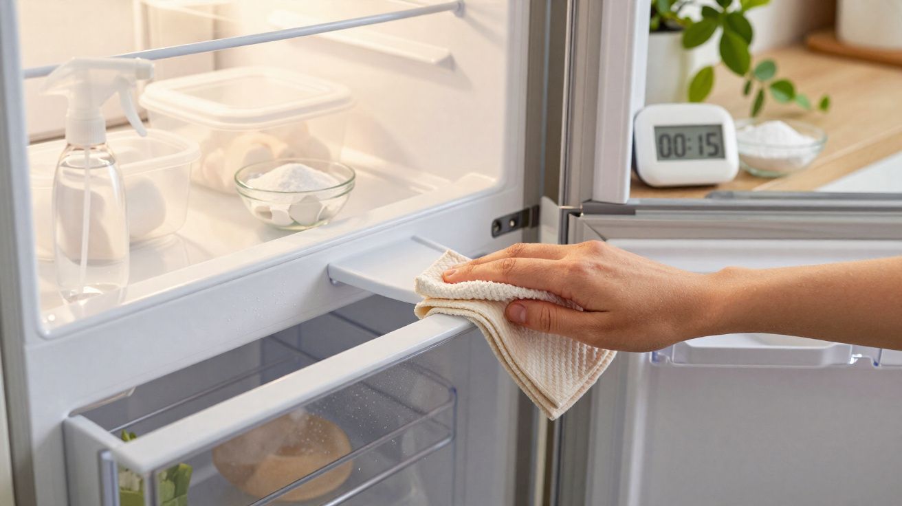 Pessoa a limpar o interior do frigorífico com pano branco em cozinha bem iluminada.