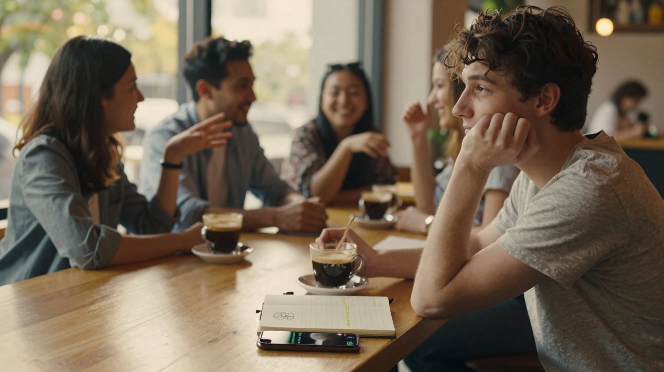 Jovem sozinho pensativo enquanto amigos conversam animadamente ao redor da mesa num café.