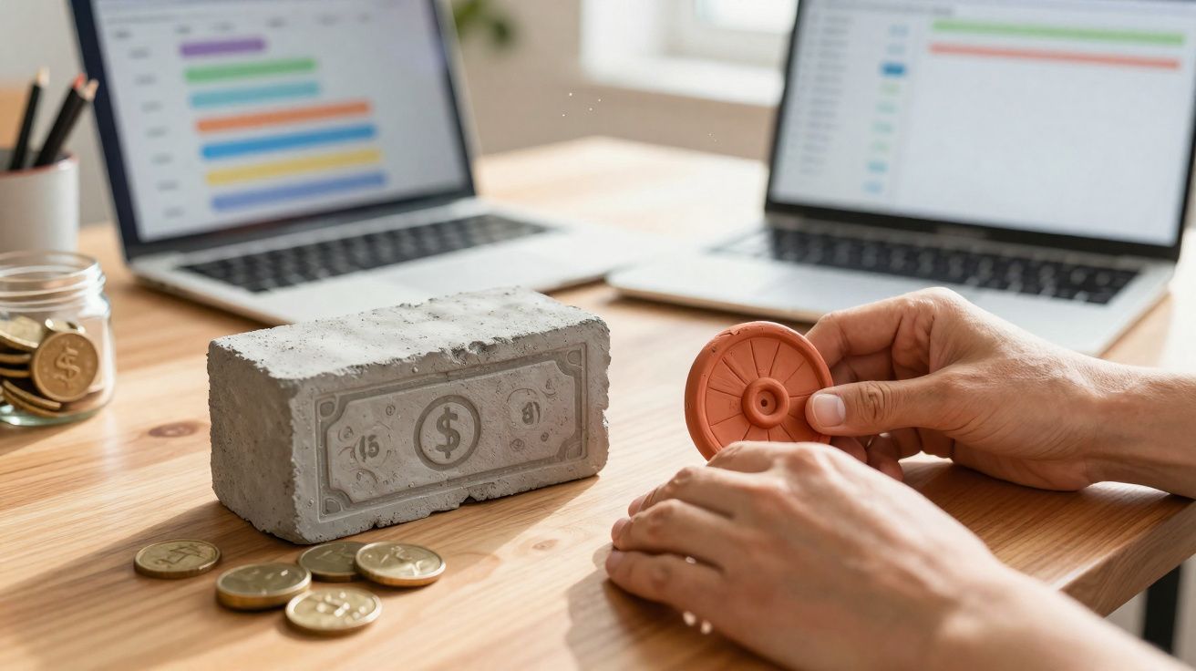 Mãos seguram pedaço de tijolo com símbolo de moeda ao lado de moedas e computadores portáteis numa mesa de trabalho.