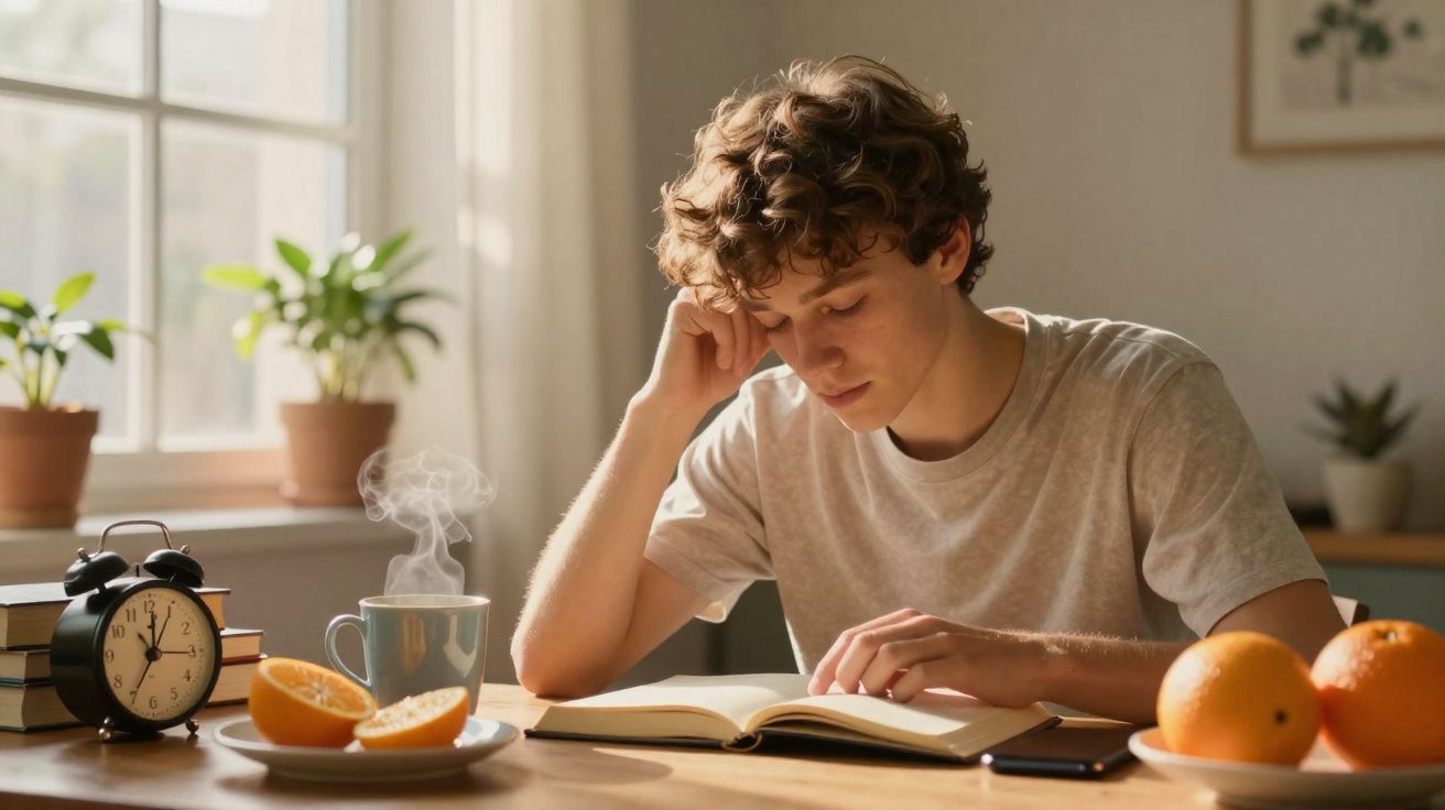 Jovem a ler um livro numa mesa com chá quente, laranjas, alarme e plantas junto a uma janela luminosa.