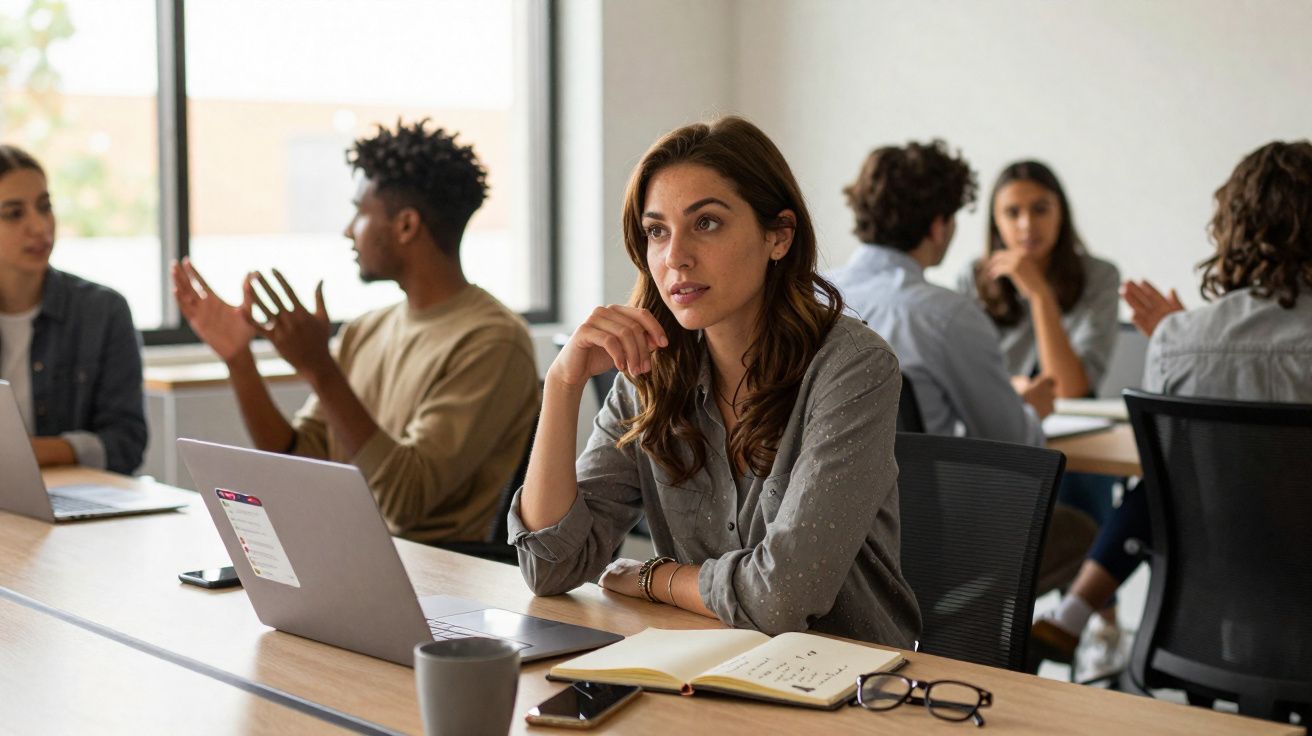 Mulher pensativa sentada numa sala de reuniões com colegas ao fundo em ambiente de trabalho.