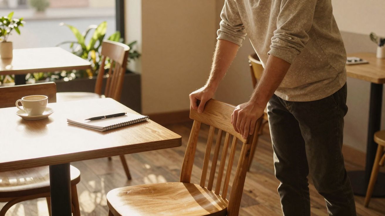 Pessoa a segurar uma cadeira de madeira num café com luz natural e mesa com caderno, caneta e chávena.